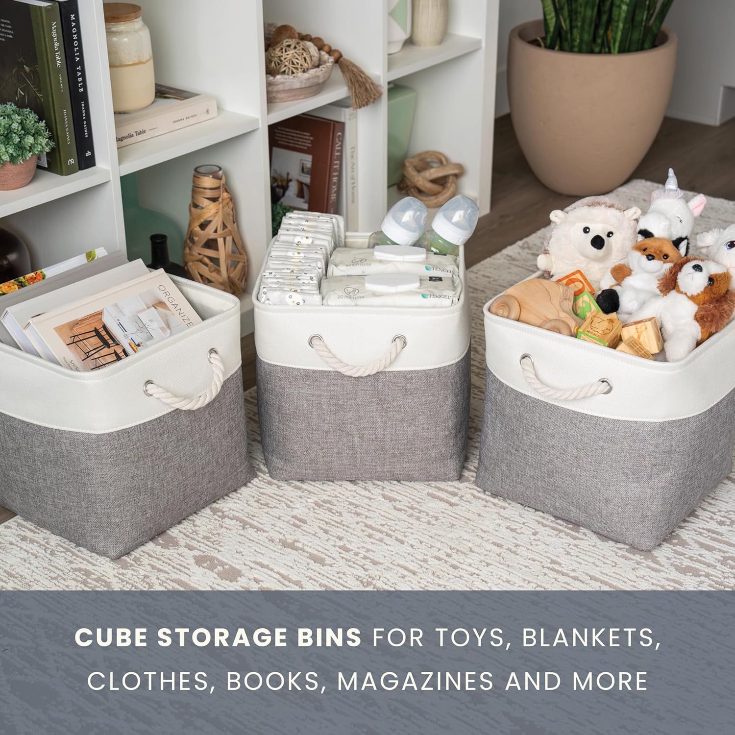 OrganiHaus 11x11 Cube Storage Bins 4 Pack, Foldable Cube Storage Organizer w/ Rope Handles, Collapsible Fabric Bins for Toys, Clothes & Closet Organization, Fabric Square Baskets - Gray/White