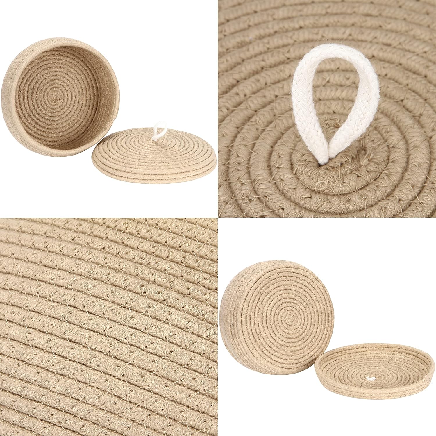 Sea Team Round Cotton Rope Storage Basket with Lid, Decorative Woven Storage Bin, Pot, Caddy, Organizer, Container for Snacks, Towels, Plants, 10 x 4.5 Inches (Small, Shallow, Khaki)