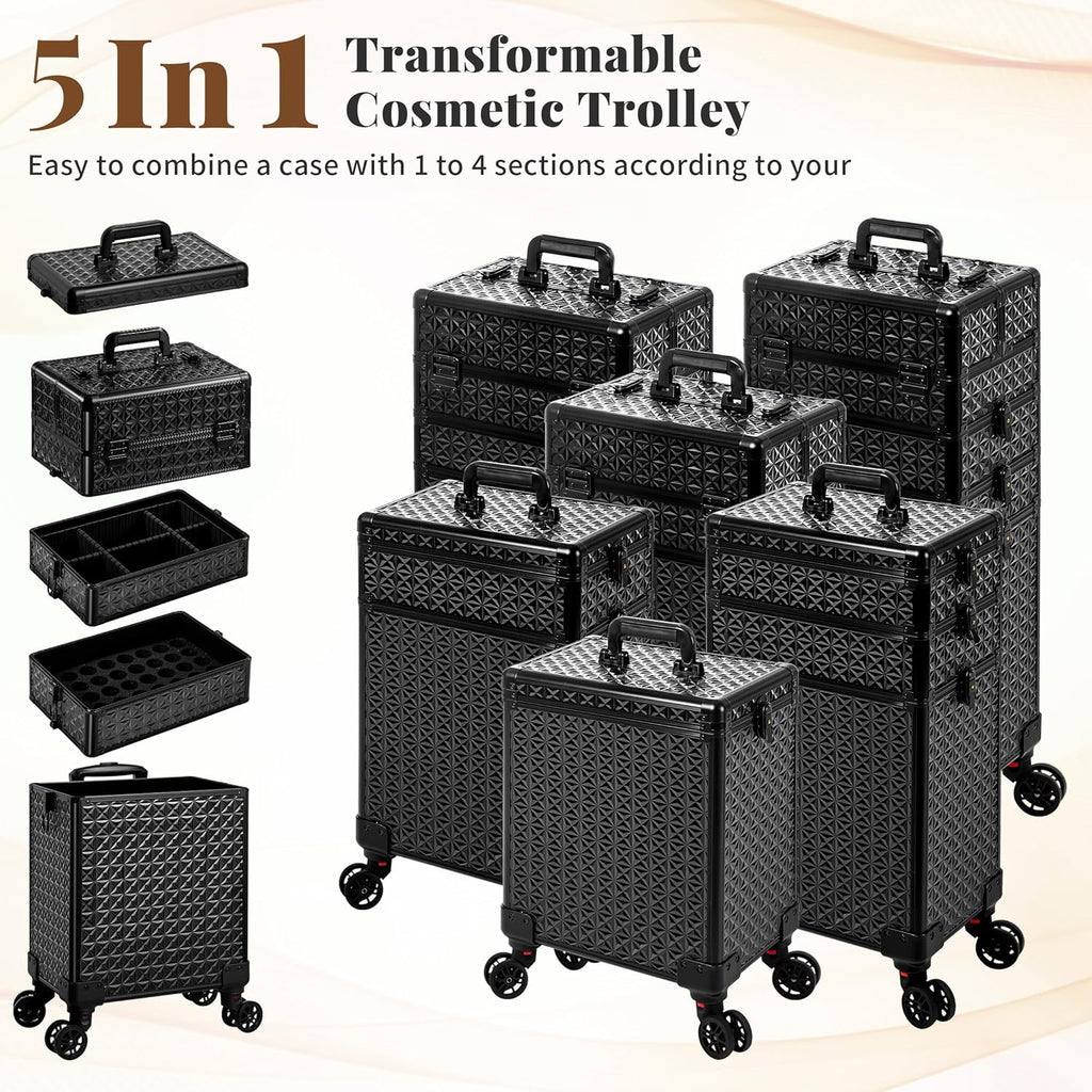 AROUS 5 in 1 Rolling Makeup Train Case Cosmetology Case on Wheels Large Cosmetic Organizer Travel Cart for Hairstylist Artist Nail Beauty Salon Barber,Black