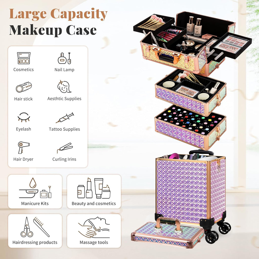 AROUS 5 in 1 Rolling Makeup Train Case Cosmetology Case on Wheels Large Cosmetic Organizer Travel Cart for Hairstylist Artist Nail Beauty Salon Barber,Colorful