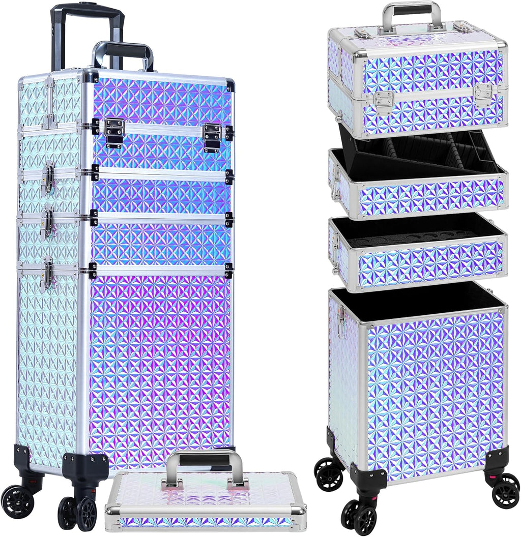 AROUS 5 in 1 Rolling Makeup Train Case Cosmetology Case on Wheels Large Cosmetic Organizer Travel Cart for Hairstylist Artist Nail Beauty Salon Barber,Silver