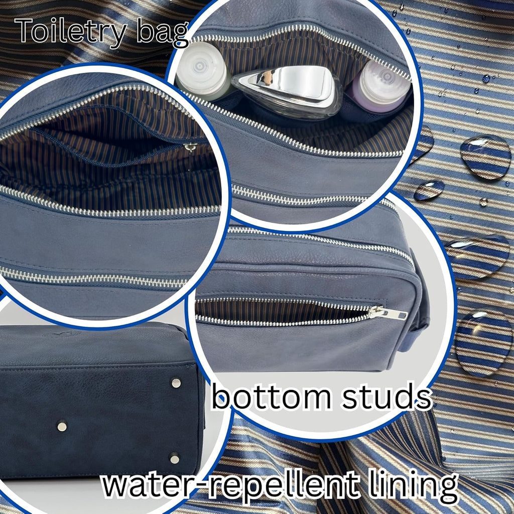 Dopp Gift Large Travel Toiletry Bag Premium Quality PU Leather Two compartments YKK Zippers Water-resistant Bottom Studs Mesh Pockets Durable Cosmetic Organizer NAVY BLUE