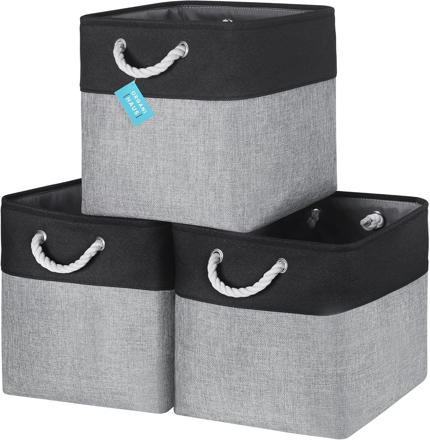 OrganiHaus 13x13 Cube Storage Bins 3 Pack, Foldable Cube Storage Organizer w/ Rope Handles, Collapsible Fabric Bins for Toys, Clothes & Closet Organization, Fabric Square Baskets - Gray/Black