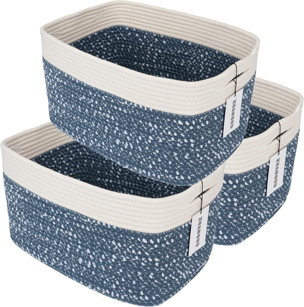 White and Blue Cotton Rope storage Basket Bins Woven Basket for Organizing Shelves 15X10X9.3“ Rectangle Decorative Baskets For storage Books Towels Wicker Nursery basket organizer Set of 3