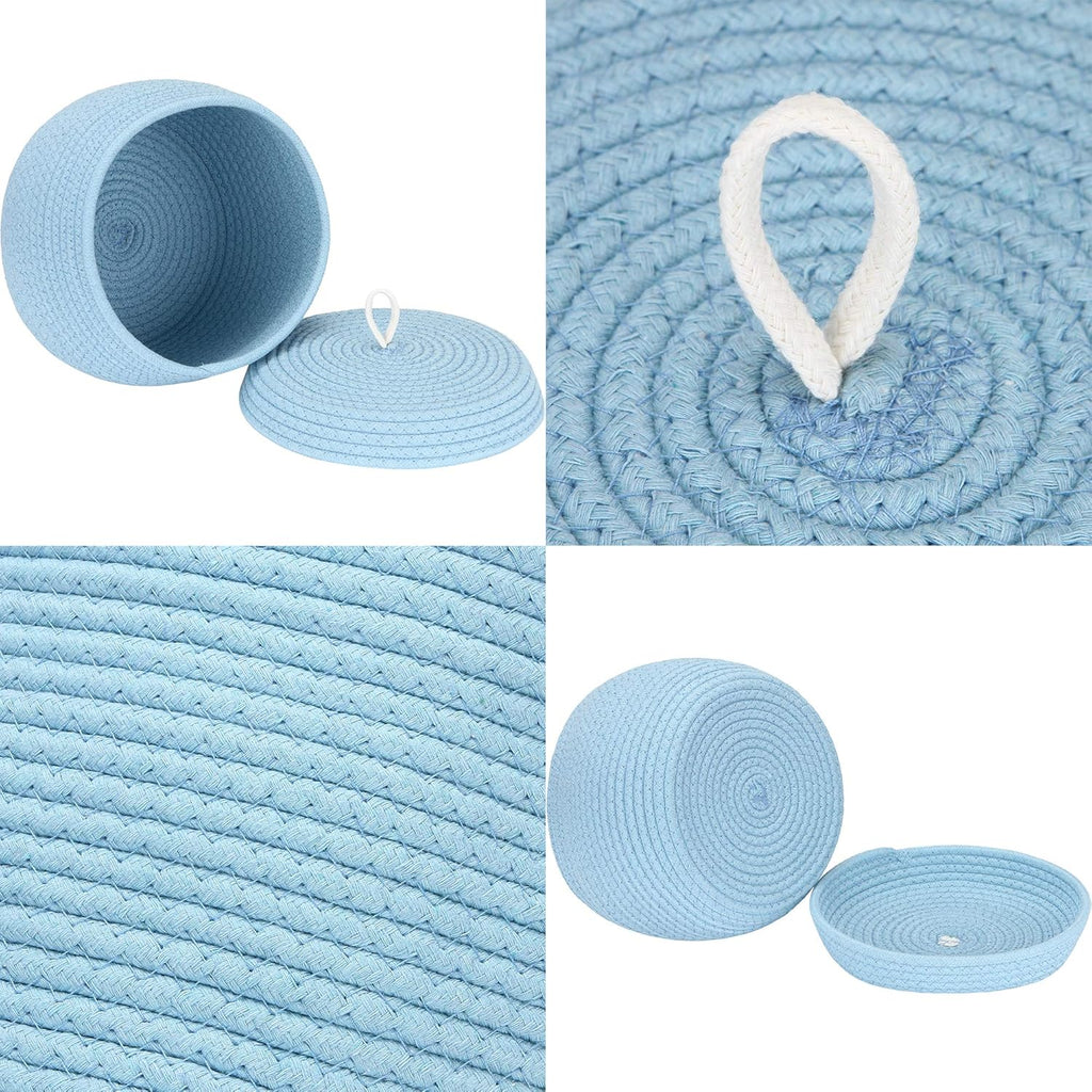 Sea Team Round Cotton Rope Storage Basket with Lid, Decorative Woven Storage Bin, Pot, Caddy, Organizer, Container for Snacks, Towels, Plants, 10 x 7.5 Inches (Small, Blue)