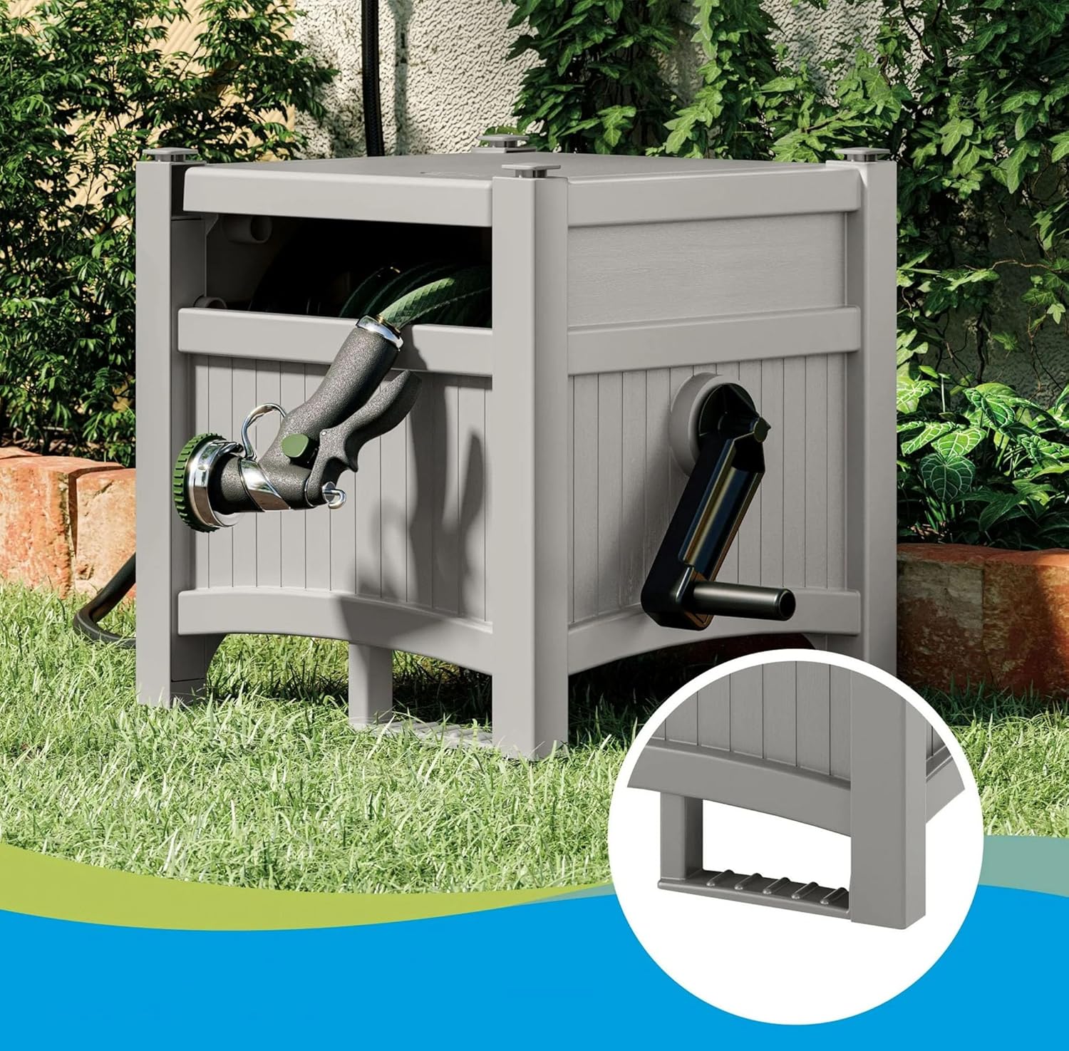 100 ft Garden Hose Reel Hideaway - Holds 5/8" Hose, Durable Resin Storage with Side Handle, No Assembly Required, Compact Design (21x15.5x16 in) for Outdoor Organization, Gray