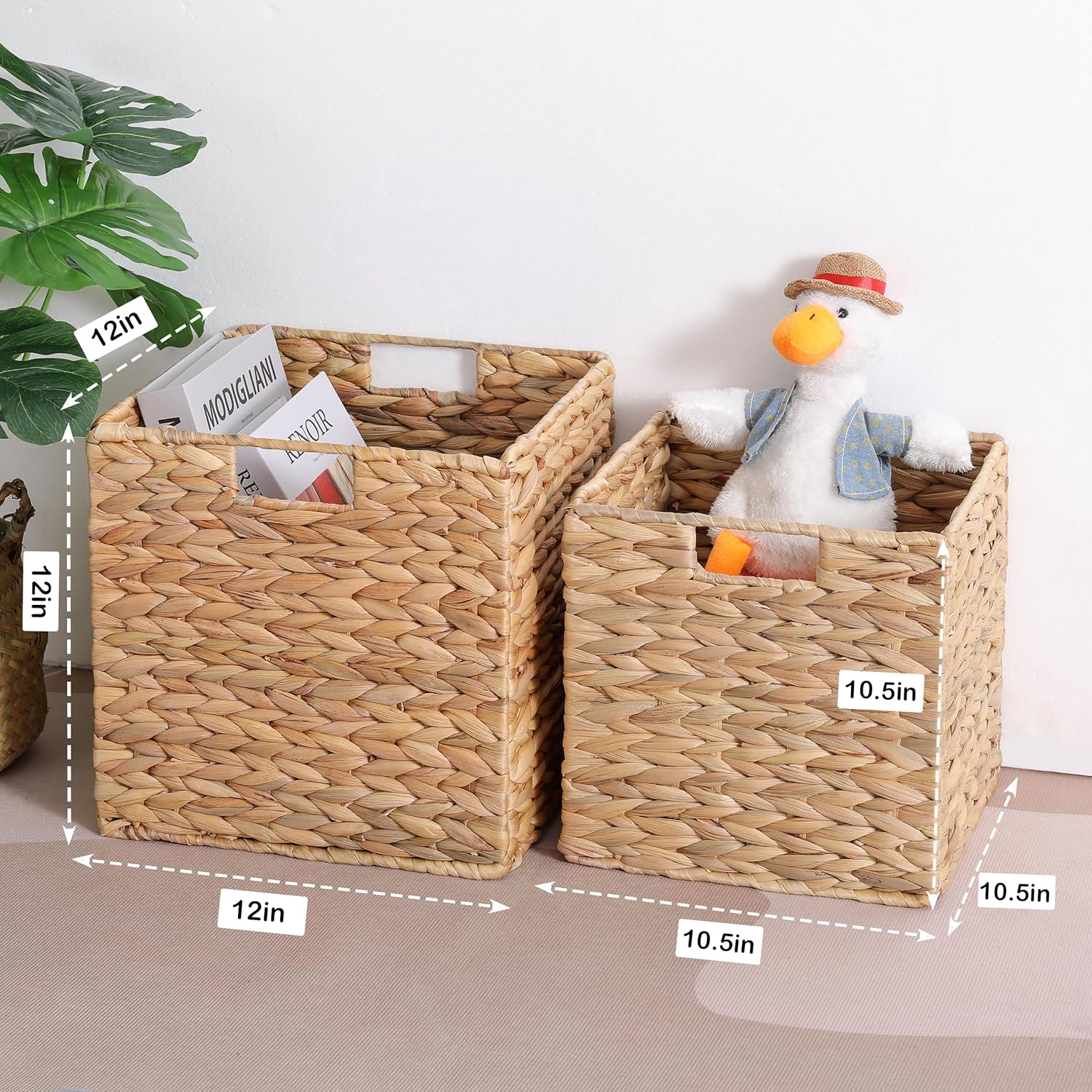 10.5x10.5 Water Hyacinth Storage Baskets, Collapsible Square Wicker Baskets Cube Storage Bins for IKEA Kallax, Set of 3