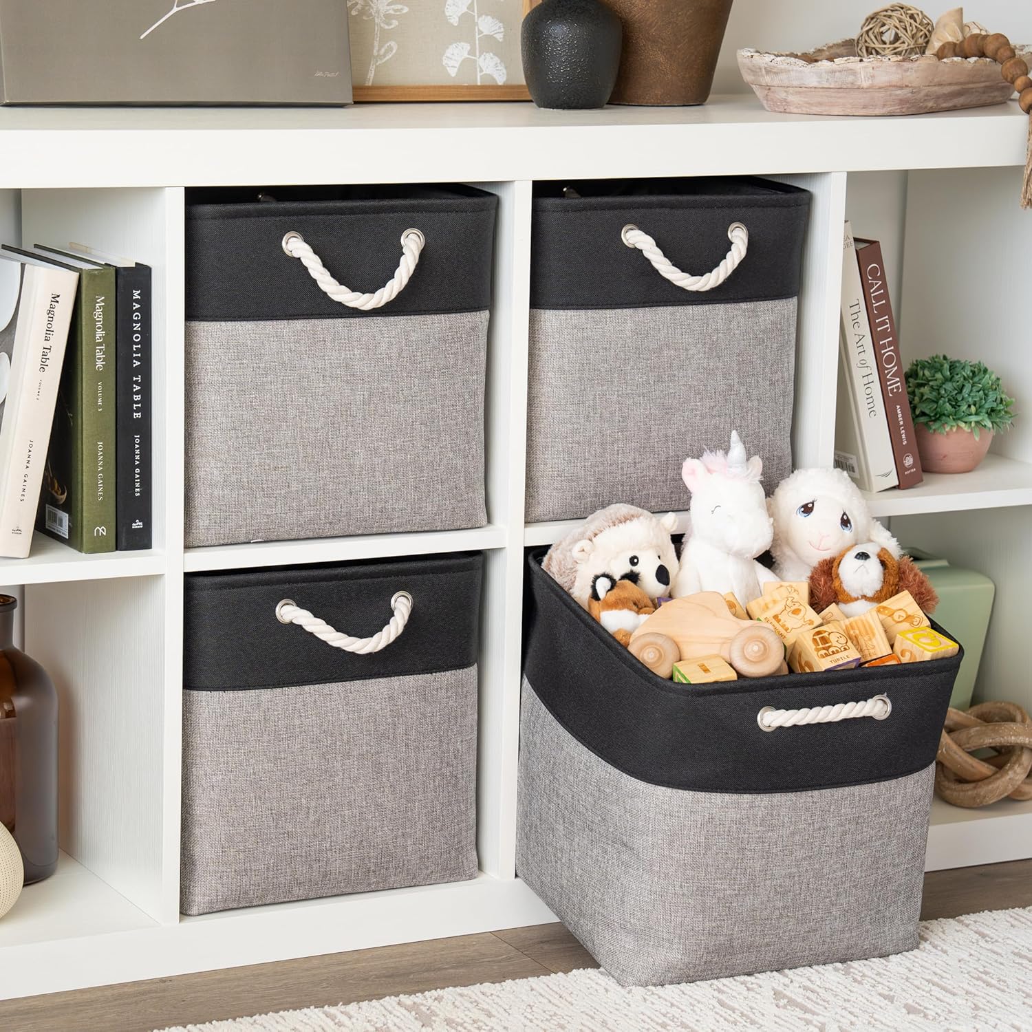 OrganiHaus 13x13 Cube Storage Bins 3 Pack, Foldable Cube Storage Organizer w/ Rope Handles, Collapsible Fabric Bins for Toys, Clothes & Closet Organization, Fabric Square Baskets - Gray/Black