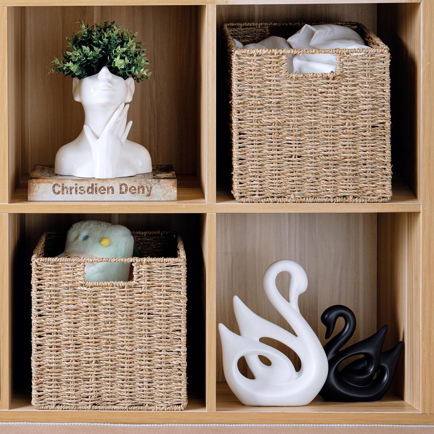 10.5 x 10.5in Cube Seagrass Storage Baskets, Foldable Square Wicker Storage Baskets for Shelves Set of 3, Large Cubby Rattan Basket, Collapsible Cube Storage Bins