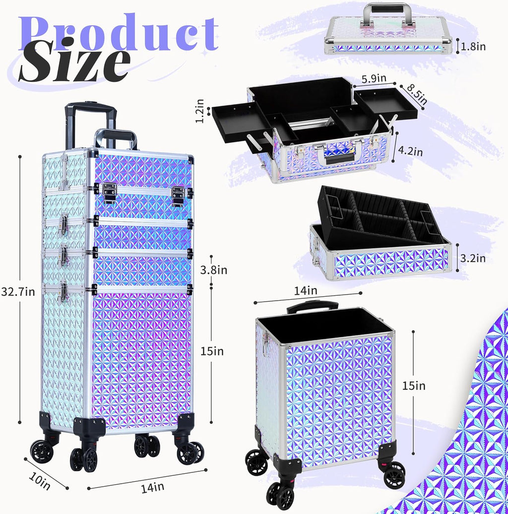 AROUS 5 in 1 Rolling Makeup Train Case Cosmetology Case on Wheels Large Cosmetic Organizer Travel Cart for Hairstylist Artist Nail Beauty Salon Barber,Silver