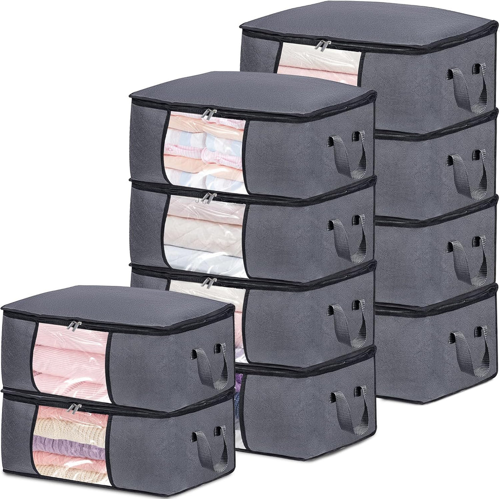 10 Pack Clothes Storage Bags with Zipper, 45L Foldable Blanket Storage Box with Clear Window Sturdy Handles for Closet, Dorm, Pillows, Bedding, Sheet, Comforter, Gray