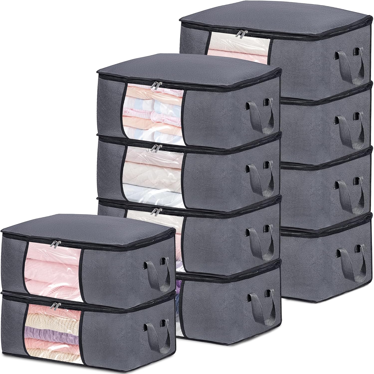 10 Pack Clothes Storage Bags with Zipper, 45L Foldable Blanket Storage Box with Clear Window Sturdy Handles for Closet, Dorm, Pillows, Bedding, Sheet, Comforter, Gray
