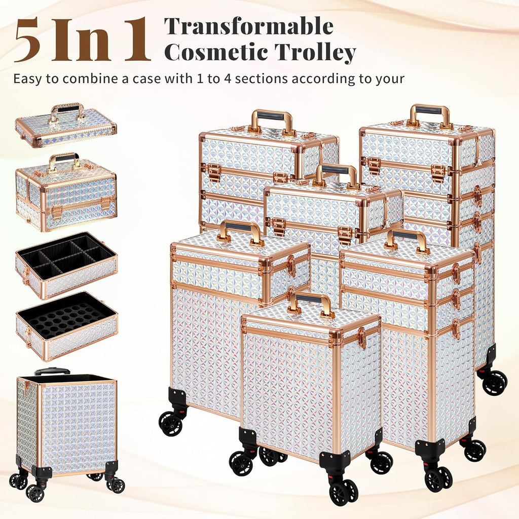 AROUS 5 in 1 Rolling Makeup Train Case Cosmetology Case on Wheels Large Cosmetic Organizer Travel Cart for Hairstylist Artist Nail Beauty Salon Barber,White