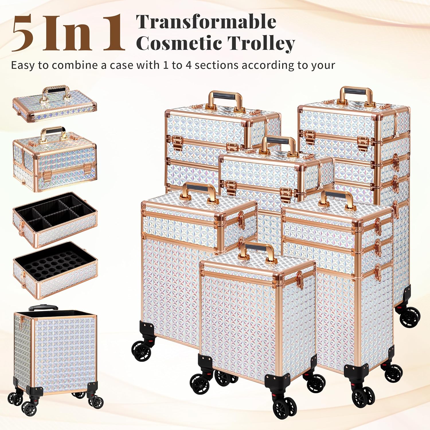 AROUS 5 in 1 Rolling Makeup Train Case Cosmetology Case on Wheels Large Cosmetic Organizer Travel Cart for Hairstylist Artist Nail Beauty Salon Barber,White