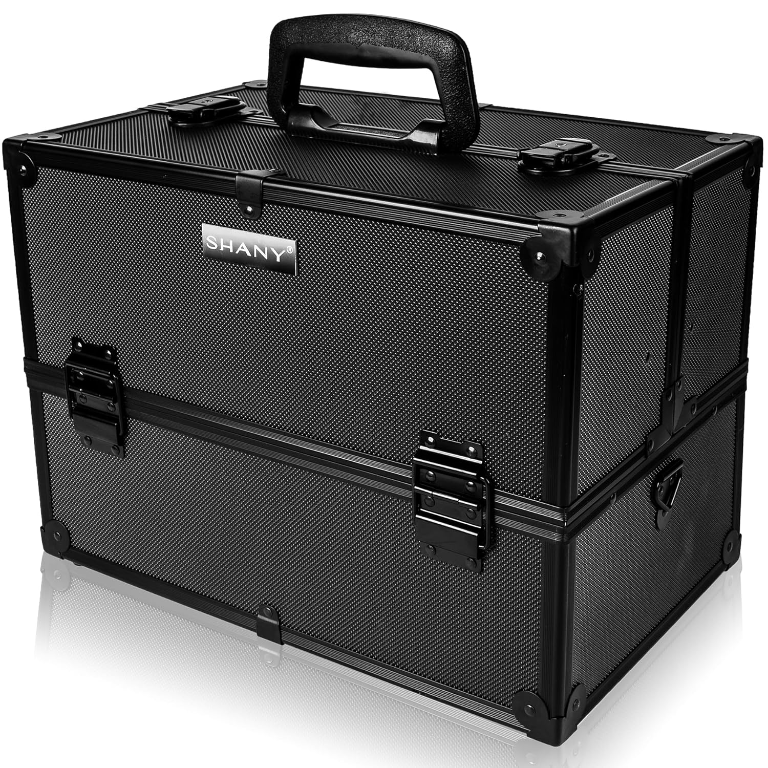 SHANY Essential Pro Makeup Train Case Cosmetic Box Portable Makeup Case Cosmetics Beauty Organizer Jewelry storage with Locks, Multi Compartments Makeup Box and Shoulder Strap - All Black