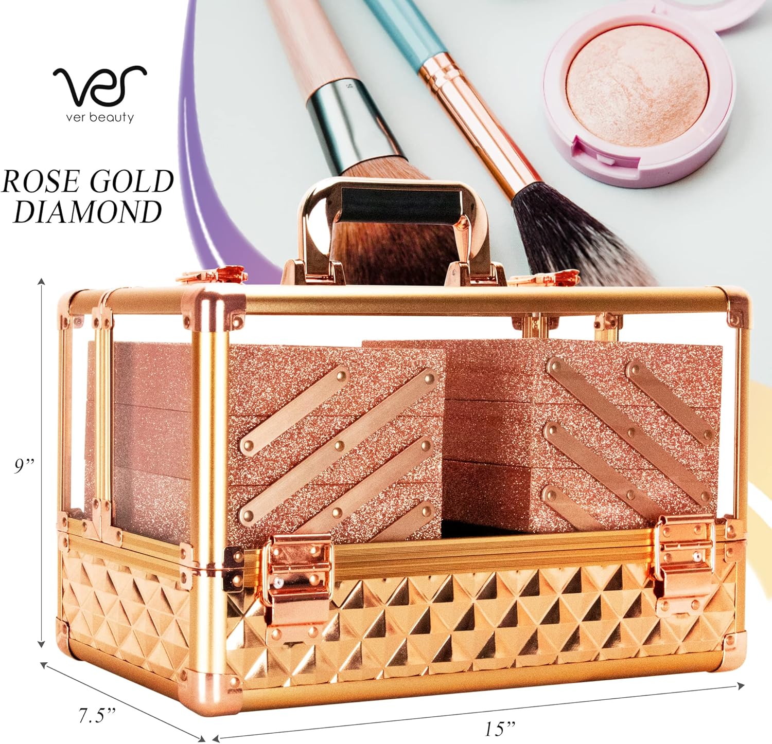 Ver Beauty Makeup Train Case 14 inch Armored Acrylic Large Portable Cosmetic Case 6 Trays Professional Storage Organizer Box Make Up Artist Jewelry Nail Kits Crafts Display Brush Holder- Rose Gold
