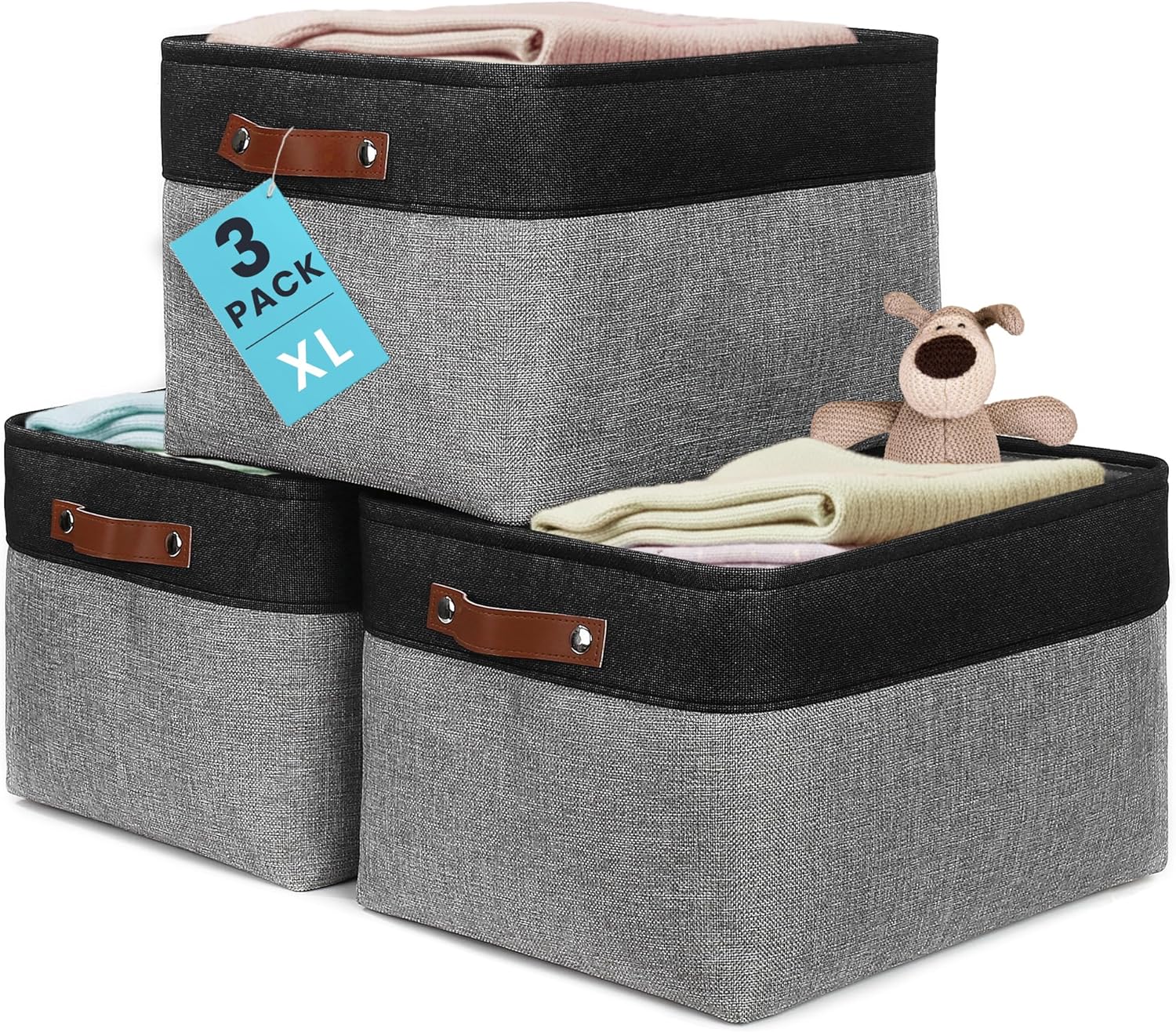 OrganiHaus Extra Large Fabric Storage Baskets for Shelves 3 Pack, 16x13in Closet Storage Bins for Shelves, Canvas Baskets for Organizing, Linen Closet Organizers, Cloth Basket, Gray/Black