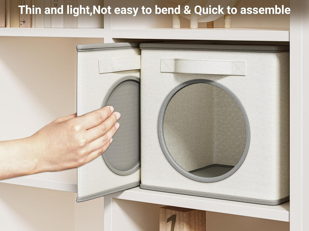 Vailando Foldable Fabric Storage Cube with Round Window - 4 Pack 11"x11"x11" Collapsible Closet Organizer Bins for Clothes, Shelves, Offices, Toys & Misc, White & Ivory