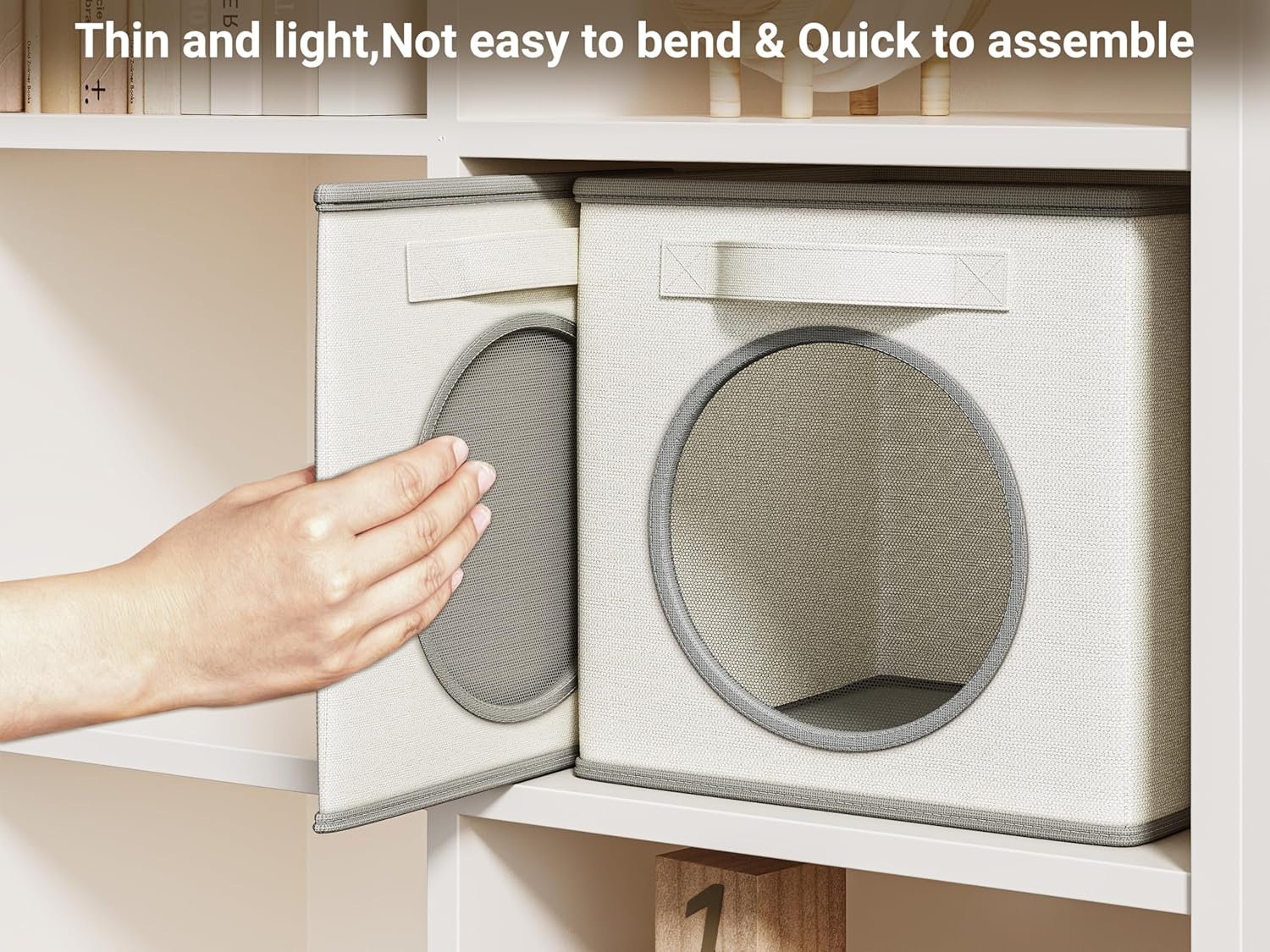 Vailando Foldable Fabric Storage Cube with Round Window - 4 Pack 11"x11"x11" Collapsible Closet Organizer Bins for Clothes, Shelves, Offices, Toys & Misc, White & Ivory