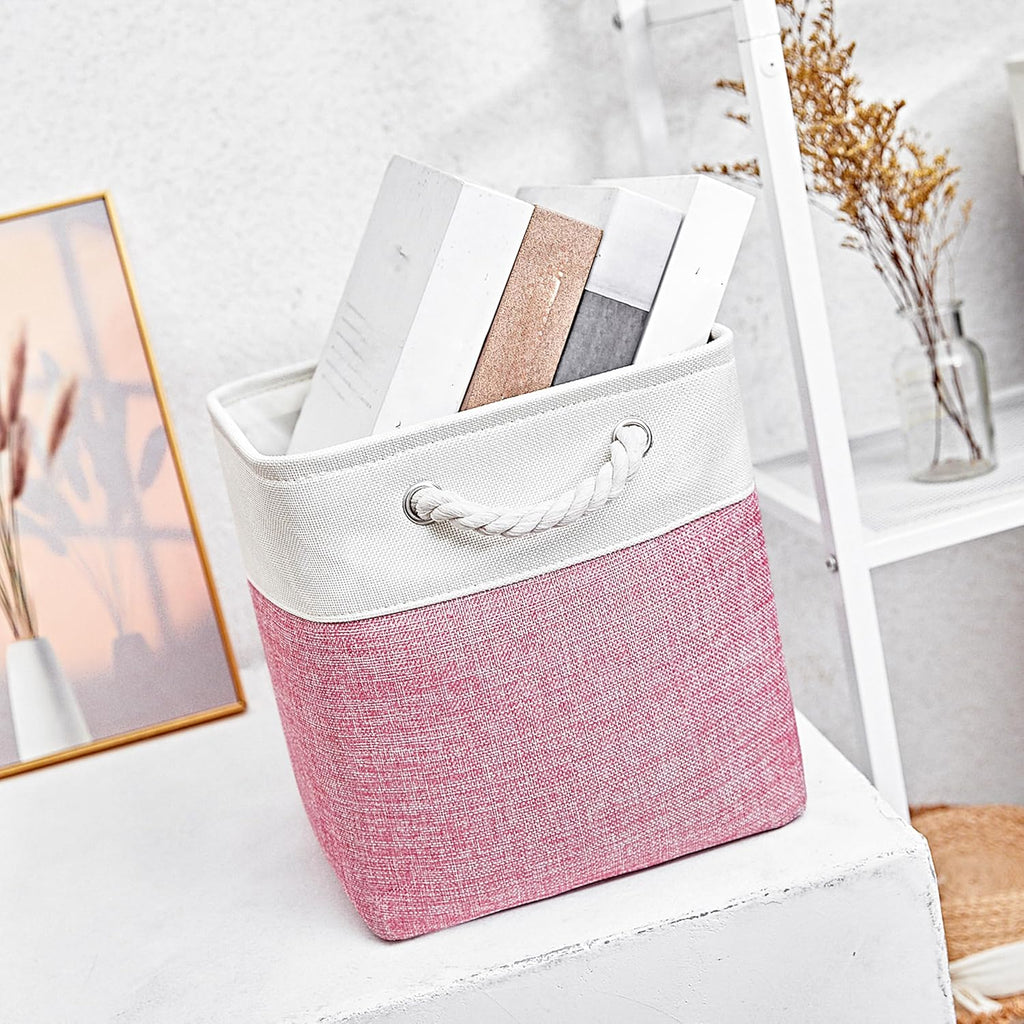 Fabric Storage Cubes, 11 inch cube storage bin with Handles, 11x11cube storage organizer bins, Collapsible Storage Bins for Shelves and Home, Cubby Storage Bins (White-Pink, 10.5x10.5x11in)