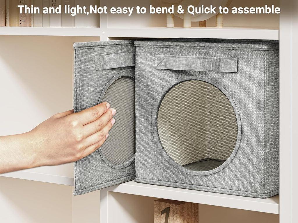 Vailando Foldable Fabric Storage Cube with Round Window - 4 Pack 11"x11"x11" Collapsible Closet Organizer Bins for Clothes, Shelves, Offices, Toys & Misc, Light Gray