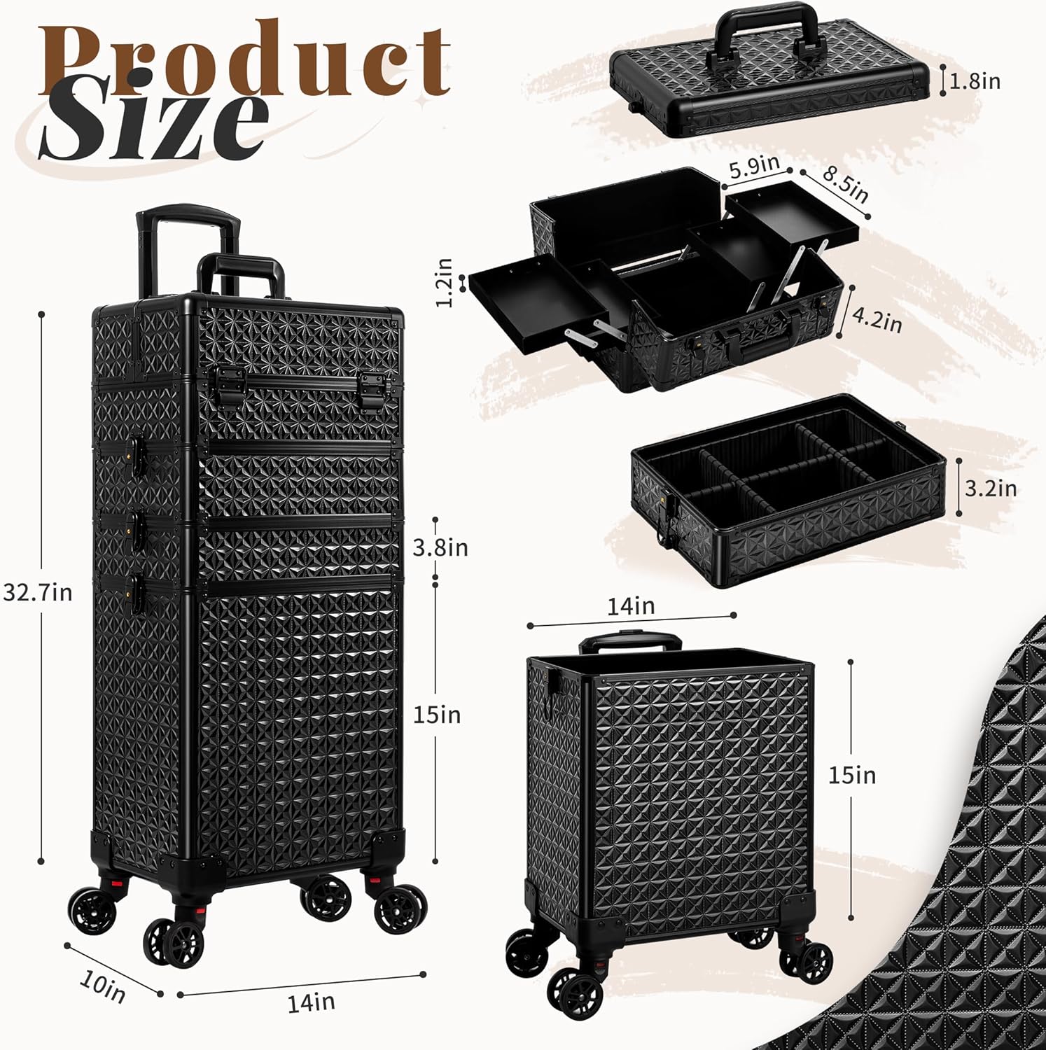 AROUS 5 in 1 Rolling Makeup Train Case Cosmetology Case on Wheels Large Cosmetic Organizer Travel Cart for Hairstylist Artist Nail Beauty Salon Barber,Black