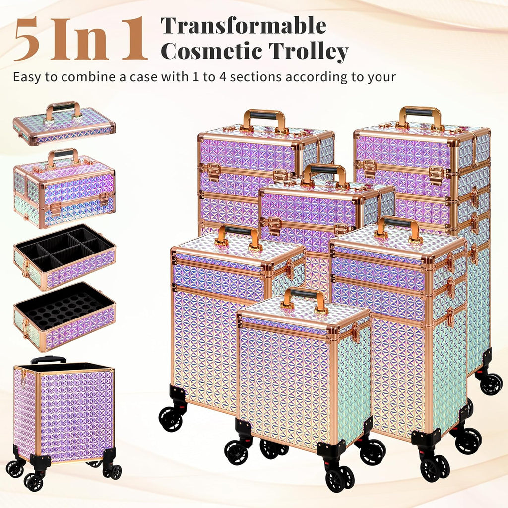 AROUS 5 in 1 Rolling Makeup Train Case Cosmetology Case on Wheels Large Cosmetic Organizer Travel Cart for Hairstylist Artist Nail Beauty Salon Barber,Colorful