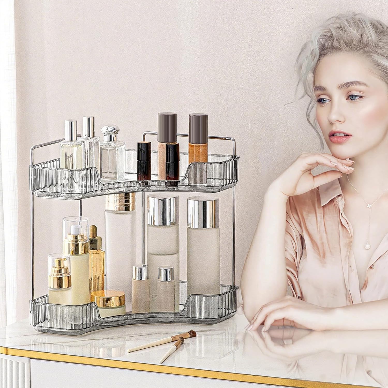 Corner Bathroom Countertop Organizer, 2 Tiers Vanity Trays for Counter, Makeup Organizers, Perfume Tray, Kitchen Spice Rack, Smoky Gray