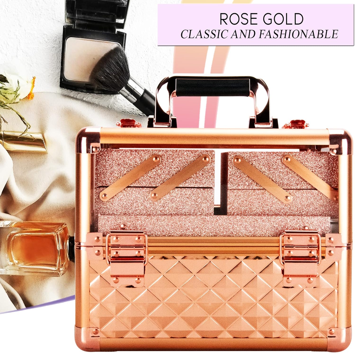 Ver Beauty Armored Acrylic Cosmetic Case Organizer Train Makeup Case with 4 Extendable Trays and Bottom Compartment Key and Lock (Rose Gold Diamond)