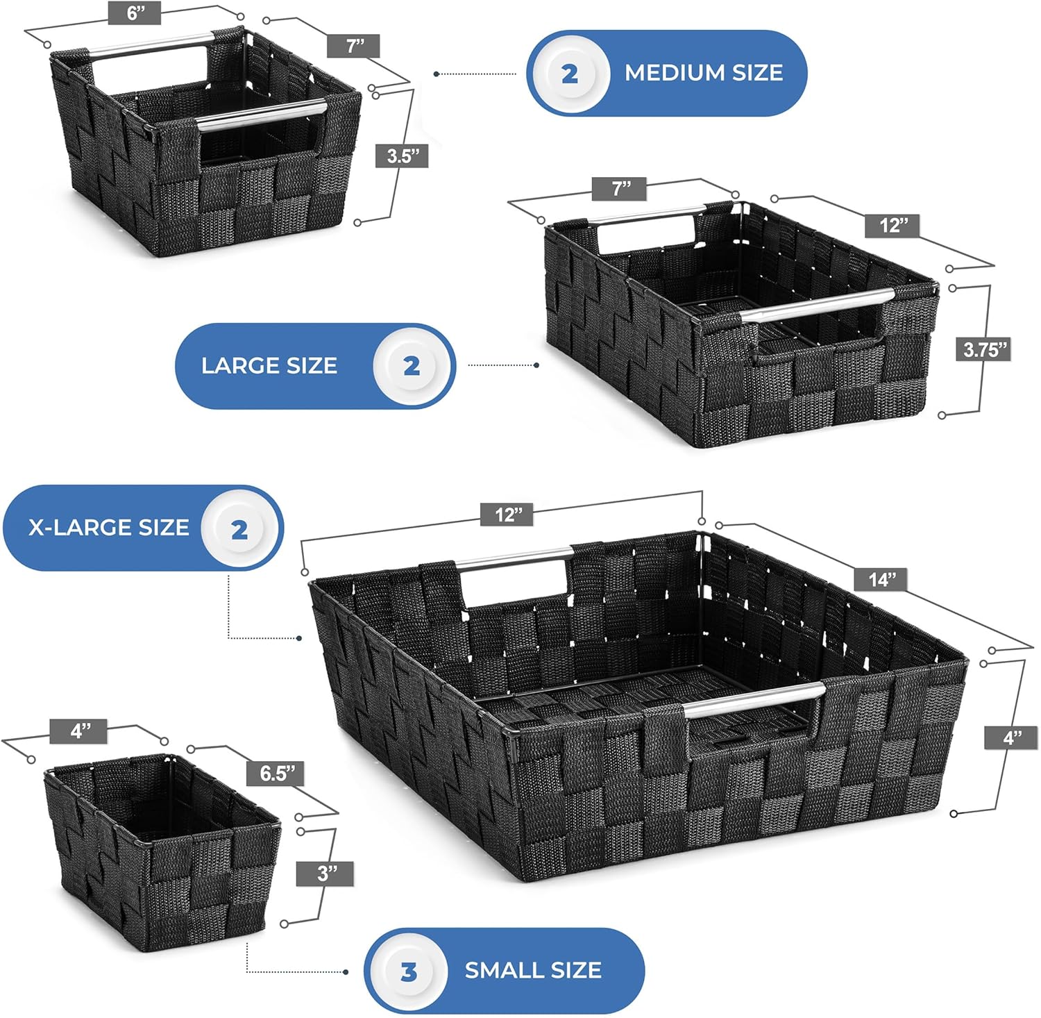 Sorbus Set of 9 Woven Storage Baskets – Mesh Hand-Woven Baskets for Organizing, Fabric Storage Bins for Linen Closet Organizer, Storage Baskets for Shelves, Home Organization and Decor (Black)