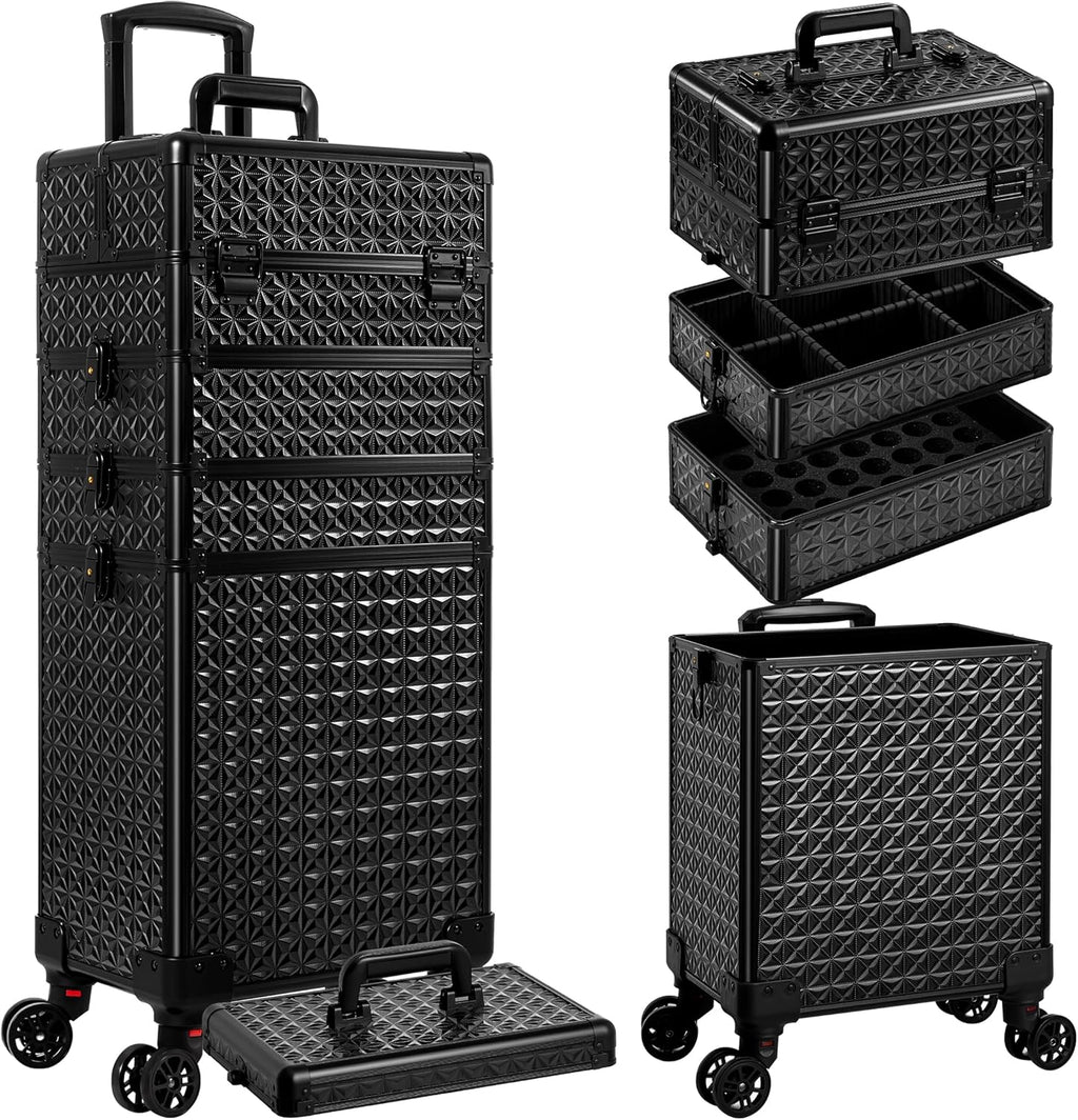 AROUS 5 in 1 Rolling Makeup Train Case Cosmetology Case on Wheels Large Cosmetic Organizer Travel Cart for Hairstylist Artist Nail Beauty Salon Barber,Black