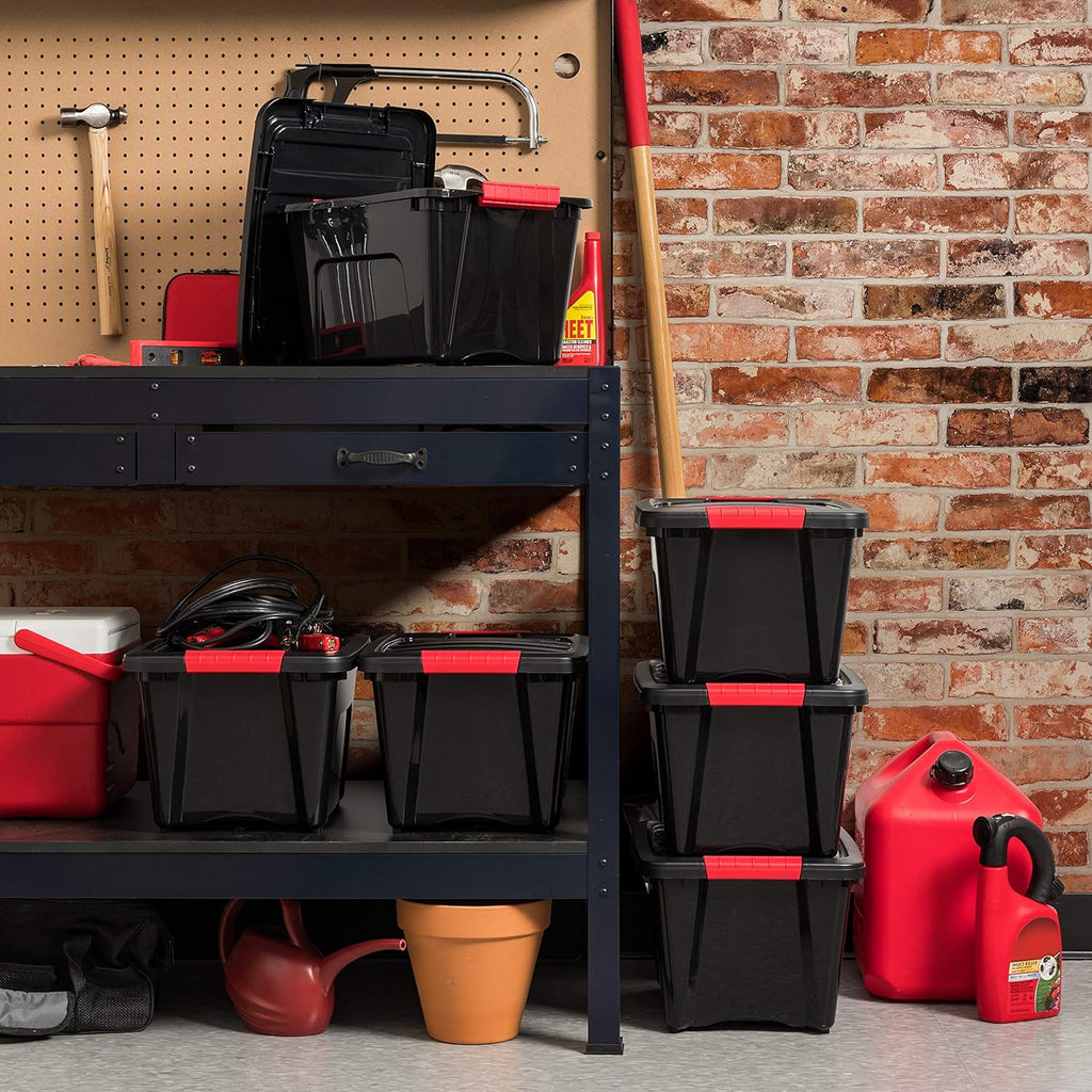 IRIS USA 19 QT Plastic Storage Box with Lid and Latches - 6 Pack - BPA-Free, Garage Organizing Solution, Durable Nestable Stackable Containers, Secure Pull Handle - Black