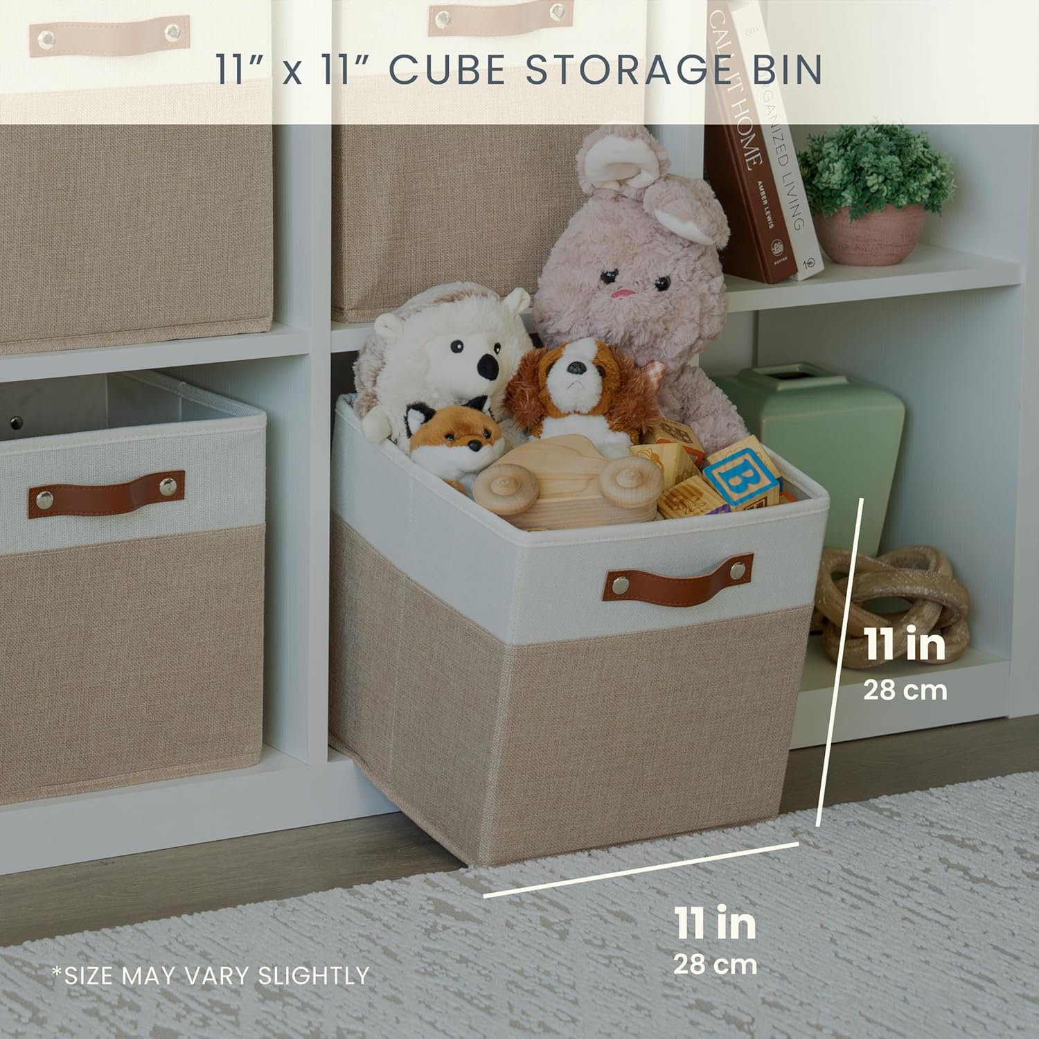 OrganiHaus 11" x 11" x 11" Fabric Cubes Storage Bins Set of 4, Foldable Collapsible Canvas Storage Bins for Organizer, Toy Organizer for Kallax, 11 Inch Linen Cube Shelf Baskets - Beige/White