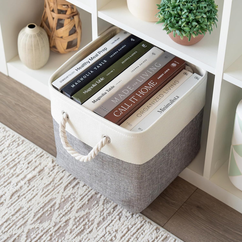 OrganiHaus 11x11 Cube Storage Bins 4 Pack, Foldable Cube Storage Organizer w/ Rope Handles, Collapsible Fabric Bins for Toys, Clothes & Closet Organization, Fabric Square Baskets - Gray/White