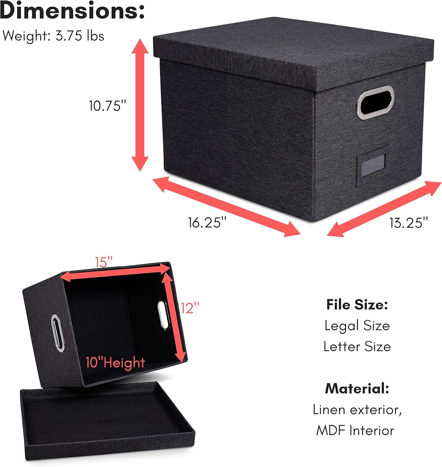 Internet's Best Collapsible File Storage Organizer with Lid - Decorative Linen Filing & Storage Office Box – Hanging Letter/Legal Folder – Home Office Bins Cabinet – Charcoal Container - 6 Pack