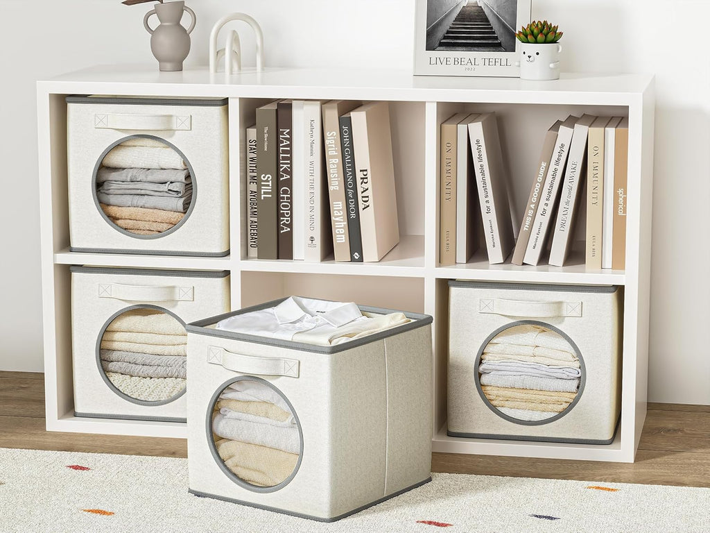 Vailando Foldable Fabric Storage Cube with Round Window - 4 Pack 11"x11"x11" Collapsible Closet Organizer Bins for Clothes, Shelves, Offices, Toys & Misc, White & Ivory