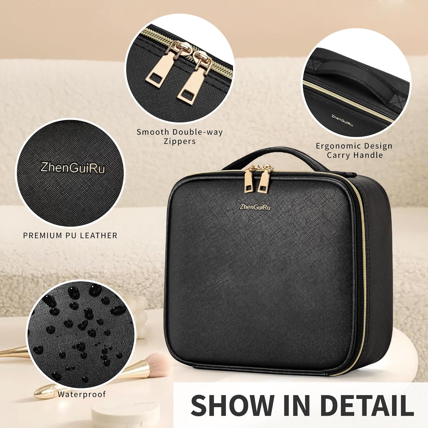 Travel Makeup Bag, Makeup Train Case, Portable Makeup Artist Organizer with Adjustable Dividers, Cosmetic Brush Holder Storeage