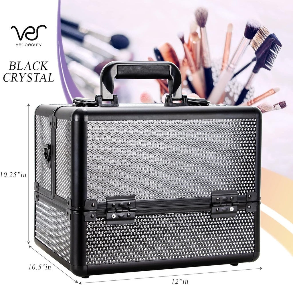Ver Beauty Cosmetic Train Makeup Case Organizer Storage Extendable Trays Keys and Locks Shoulder Strap in Black Krystal