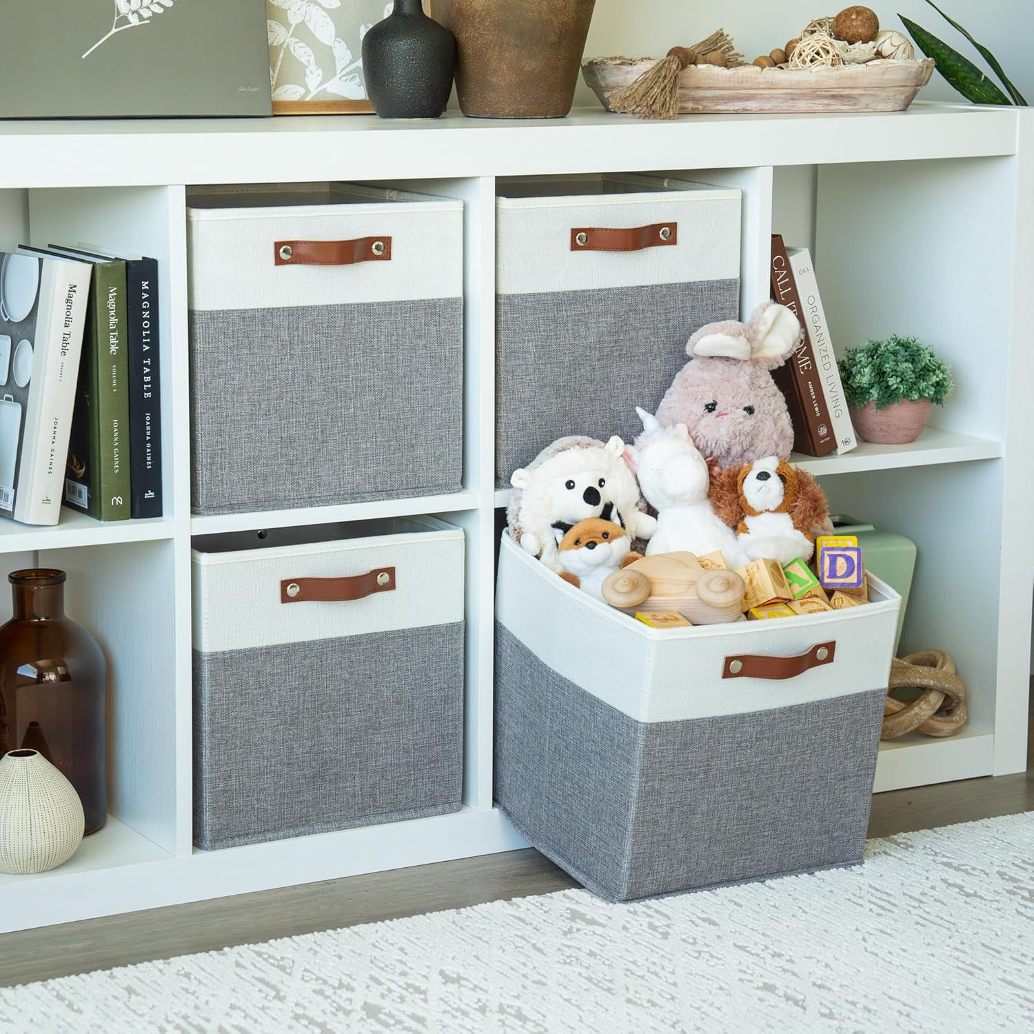 OrganiHaus 12" x 12" x 12" Fabric Cube Storage Bins - Set of 4, Cube Fabric Organizer Bins with Vegan Handles, Kallax Storage Cubes, 12Inch Cubic Baskets for Shelves - Grey / White