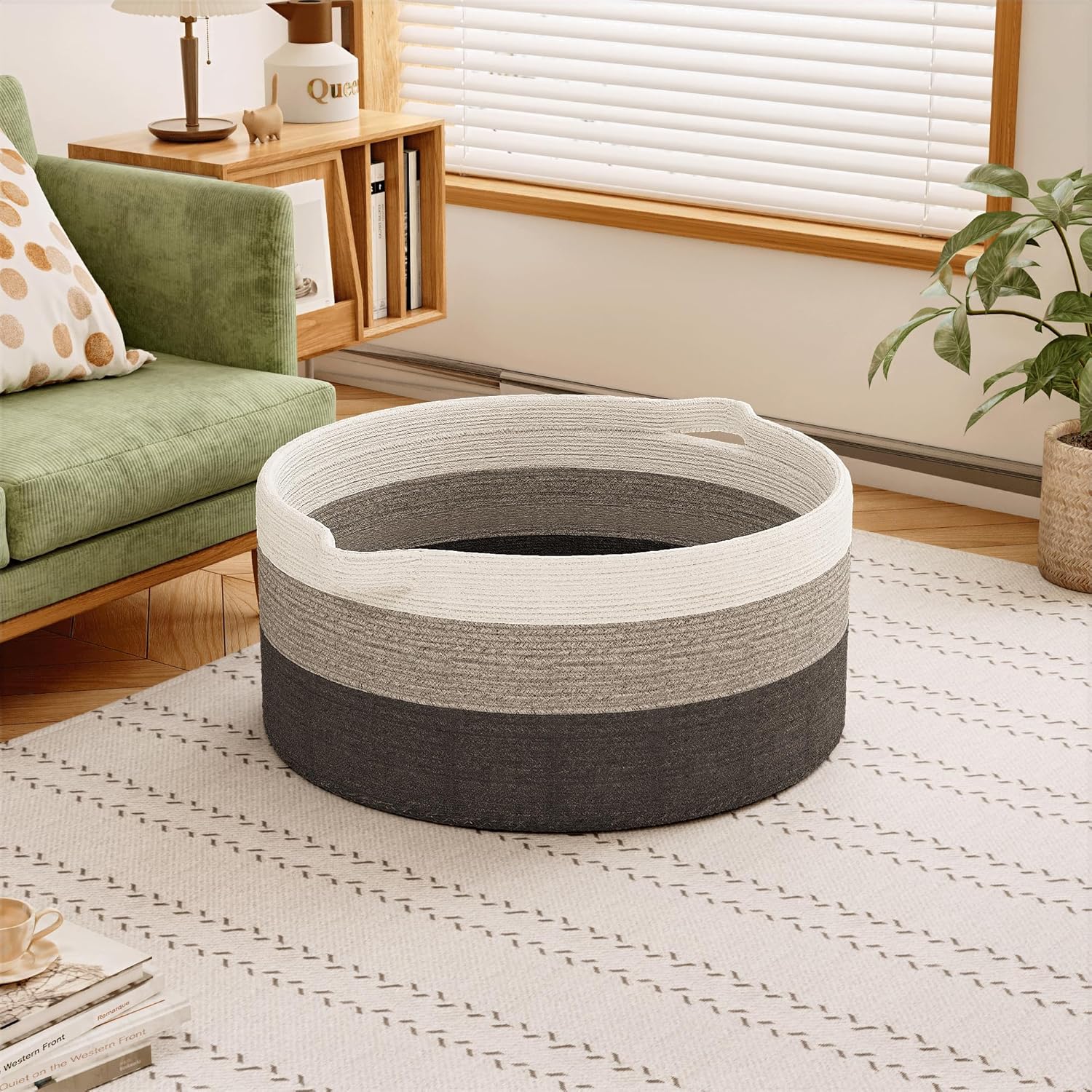 125L Extra Large Blanket Basket, 25" x 16", Jumbo Laundry Woven Baskets Decorative Home, Cotton Rope Basket with Handles, Baby Toy Baskets for Storage, Gradual Gray