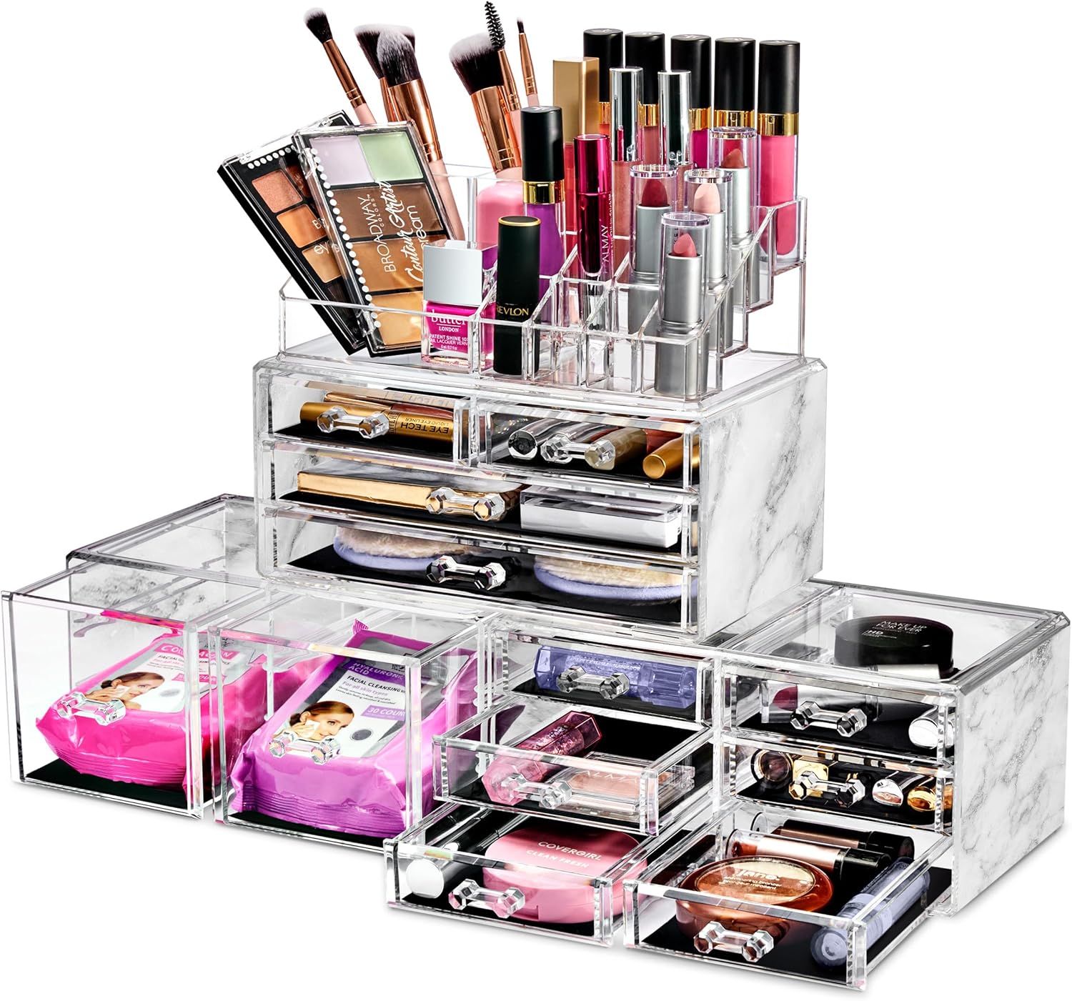 Sorbus Large Makeup Organizer - Clear Stackable Jewelry & Makeup Organizer For Vanity, Bathroom Storage, Dresser - 12 Drawers Cosmetic Beauty Organizers and Storage with Lipstick, Makeup Brush Holder