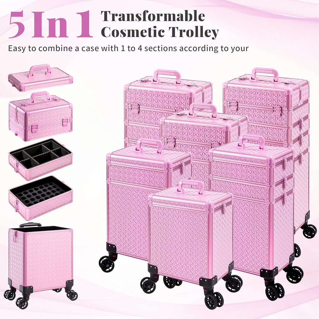 AROUS 5 in 1 Rolling Makeup Train Case Cosmetology Case on Wheels Large Cosmetic Organizer Travel Cart for Hairstylist Artist Nail Beauty Salon Barber,All Pink
