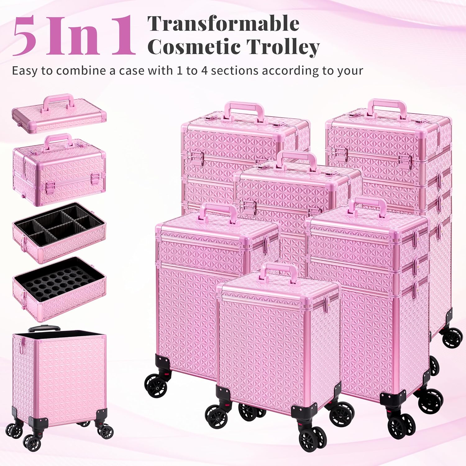 AROUS 5 in 1 Rolling Makeup Train Case Cosmetology Case on Wheels Large Cosmetic Organizer Travel Cart for Hairstylist Artist Nail Beauty Salon Barber,All Pink
