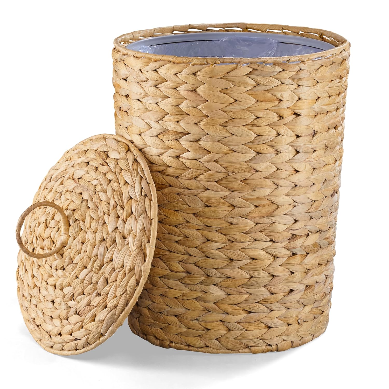 BLUEWEST 3 Gallons Wicker Trash Can with Lid and Removable Liner, Wicker Rattan Bathroom Trash Can, Large Woven Bin for Office, Hyacinth Waste Basket for Home Kitchen (Natural)
