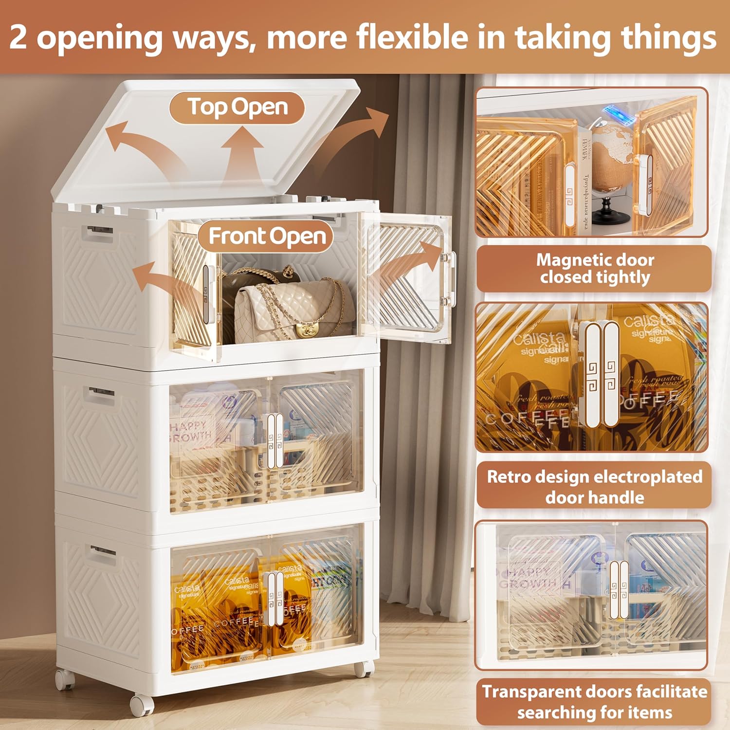 Storage Bins with Lid 76QT, Stackable Storage Containers with Wheels and Magnetic Doors, Plastic Clothes Closet Organizers and Storage Box for Home and Office (3 Pack)