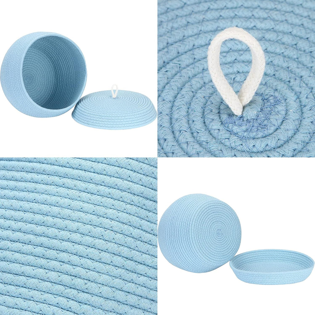 Sea Team Round Cotton Rope Storage Basket with Lid, Decorative Woven Storage Bin, Pot, Caddy, Organizer, Container for Snacks, Towels, Plants, 13 x 9 Inches (Large, Blue)