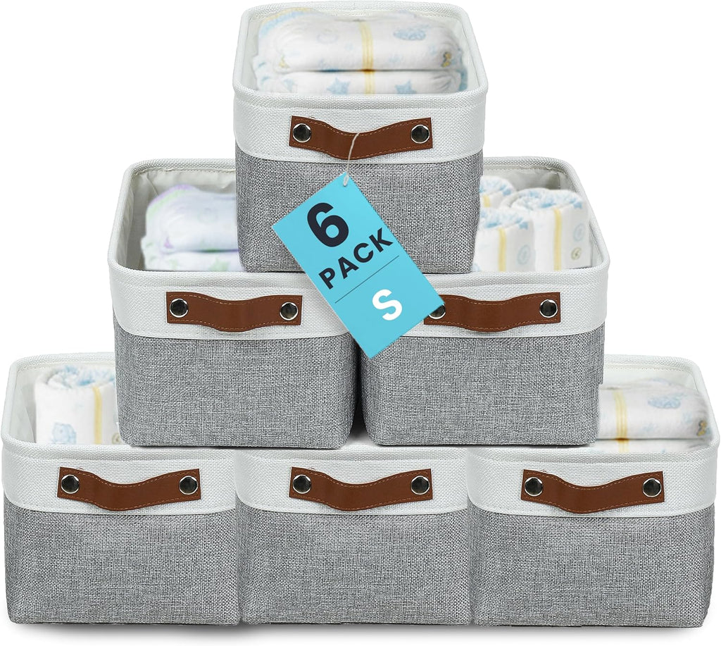OrganiHaus Small Fabric Storage Bins for Shelves 6 Pack, 12x8in Closet Storage Bins for Shelves, Cloth Baskets for Organizing, Linen Closet Organizers, Fabric Basket, Gray/White