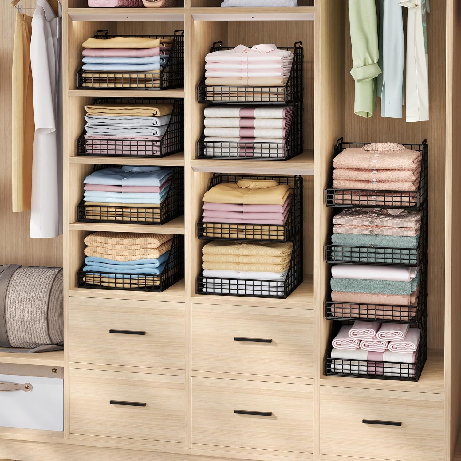 4-Pack Stackable Wire Baskets for Closet Organizers and Storage, Open Storage Bins for Clothes, Toys, and Snacks - Rustic Metal Closet Organizer and Shelves in Black