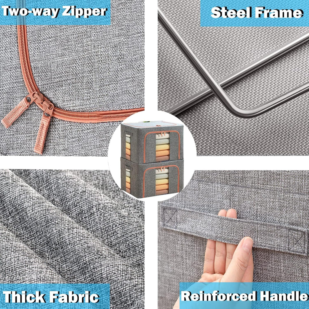 Large Capacity Clothes Storage Bags,Stackable Storage Organizer with Foldable Metal Frame, 2-Way Zipper, Handles, Clear Window for Clothes, Bedding, Seasonal Storage (3Pack, 66L)