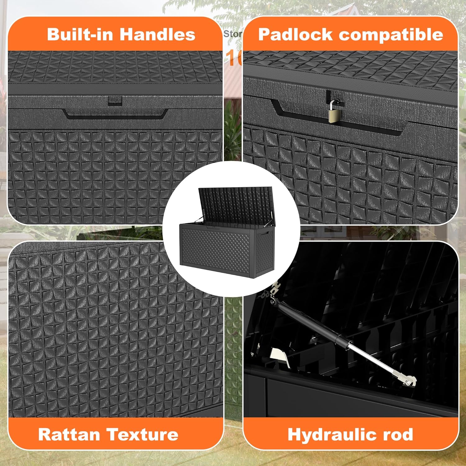 100 Gallon Resin Deck Box, Lockable Patio Outdoor Storage Box for Furniture, Garden Tools and Tools Storage, Waterproof Outside Storage Boxes - Patterned black